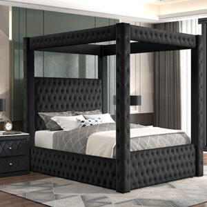 Black tufted canopy bed frame with upholstered posts and luxury modern bedroom design
