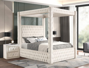Ivory tufted canopy bed frame with upholstered posts in modern luxury bedroom