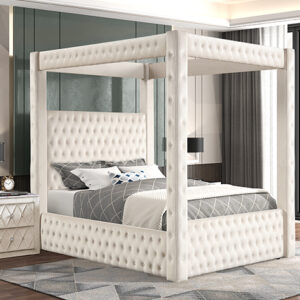 Ivory tufted canopy bed frame with upholstered posts in modern luxury bedroom