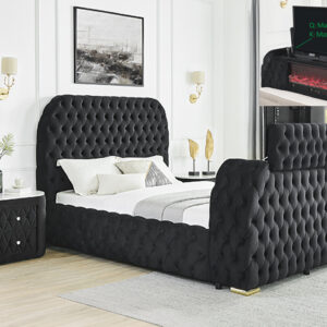 Black tufted upholstered bed frame with built-in fireplace and hidden TV lift system