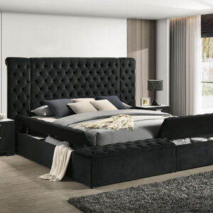 Black tufted upholstered bed frame with dual lift-up storage compartments