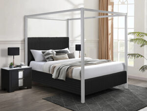 Modern black canopy bed frame with clean minimalist design in contemporary bedroom