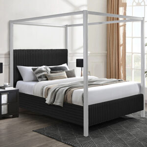Modern black canopy bed frame with clean minimalist design in contemporary bedroom