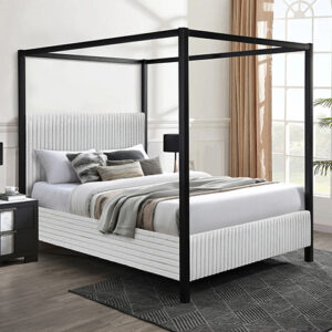 Light gray modern canopy bed frame with clean minimalist design in contemporary bedroom