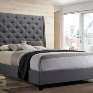 Gray tufted upholstered bed frame with tall button-tufted headboard in modern bedroom