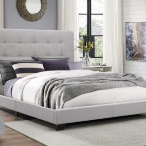 Light gray upholstered platform bed frame with modern clean design in contemporary bedroom