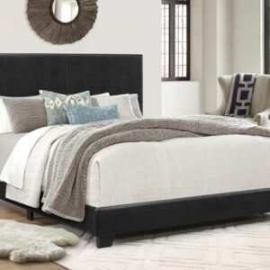 Black PU upholstered platform bed frame with clean modern design in bedroom