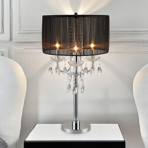 Chandelier-style table touch lamp with crystal drops and black shade