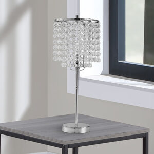 Chrome table lamp with crystal beaded shade on modern metal base