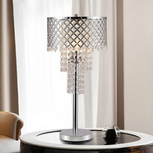 Chrome table lamp with crystal strands and mesh shade