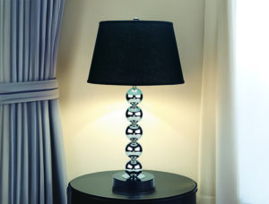 Chrome sphere table lamp with black fabric shade