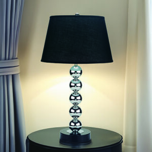 Chrome sphere table lamp with black fabric shade