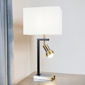 Modern table lamp with rectangular shade and adjustable metal reading light