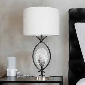 Modern table lamp with white drum shade and crystal accent centerpiece