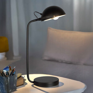 Modern black desk table lamp with curved arm and dome shade