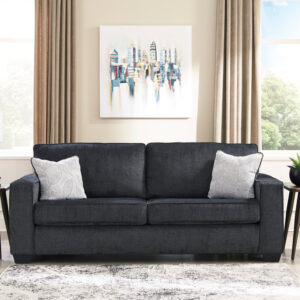 Charcoal gray queen sofa sleeper with accent pillows in a modern living room
