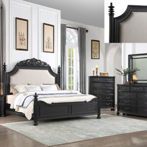 Crown Mark SETB1130 Kingsbury 7-piece queen bedroom group with black wood bed, dresser, mirror, chest, and nightstands