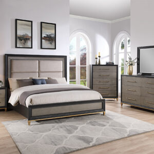 Crown Mark B1200 Payson 7-piece queen bedroom group with upholstered bed, dresser, mirror, chest, and nightstands in gray wood finish