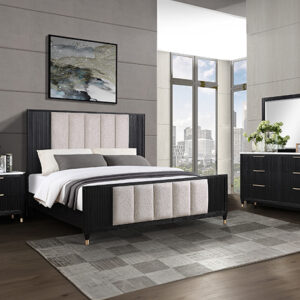 Crown Mark SETB1400 Kara 7-piece bedroom group with upholstered bed, dresser, mirror, chest, and nightstand in black wood finish