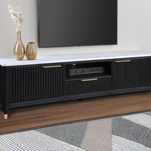 Black TV stand with fluted doors and marble-style top