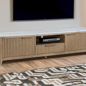 Cerused natural TV stand with fluted doors and marble-style top