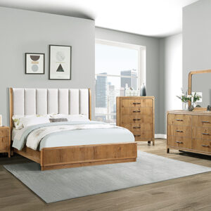 Westcott 7-piece queen/king bedroom set with upholstered headboard, dresser, mirror, chest, and nightstand in a warm natural wood finish.