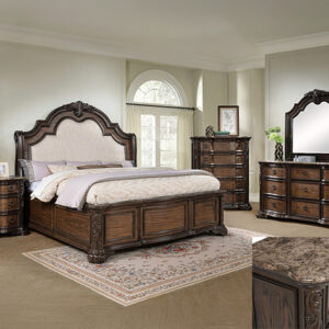Ludwig 7-piece queen/king bedroom set with upholstered headboard, dresser, mirror, chest, and nightstand in a rich dark wood finish.