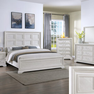 Alexandria 7-piece queen/king bedroom set with paneled headboard, dresser, mirror, chest, and nightstand in a white finish.