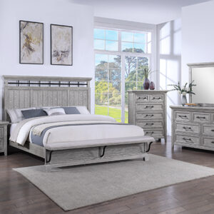 Beckett 7-piece queen/king bedroom set with paneled headboard, dresser, mirror, chest, and nightstand in a weathered gray finish.