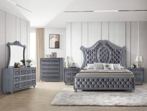 Cameo 7-piece queen/king bedroom set with tufted panel bed, dresser, mirror, chest, and nightstand in a gray metallic finish.