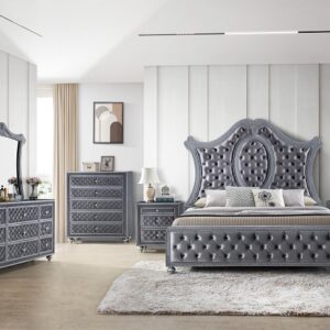 Cameo 7-piece queen/king bedroom set with tufted panel bed, dresser, mirror, chest, and nightstand in a gray metallic finish.