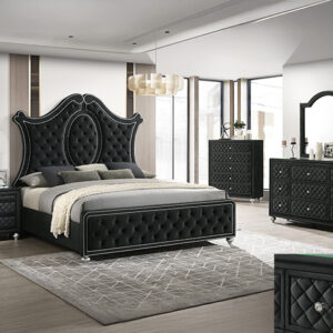 Cameo black 7-piece QUEEN / king bedroom set with tufted panel bed, dresser, mirror, chest, and nightstand in a black finish with glam accents.