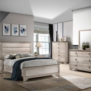 Patterson 7-piece king/queen/full bedroom set with panel headboard, dresser, mirror, chest, and nightstand in a light weathered wood finish.