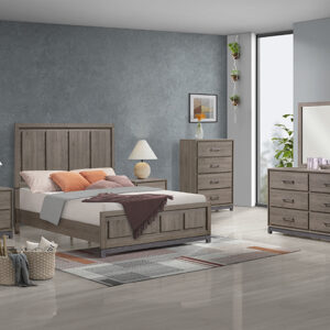 River 7-piece bedroom set with panel bed, dresser, mirror, chest, and nightstand in a gray wood finish.
