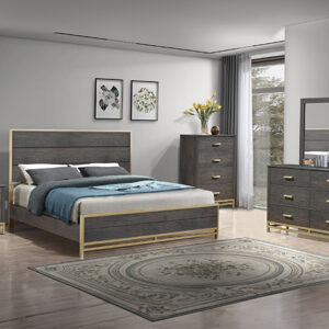 Trevor 7-piece bedroom set with panel bed, dresser, mirror, chest, and nightstand in a dark gray finish with gold metal accents.