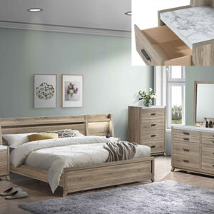 Tilston 7-piece bedroom set with panel bed, dresser, mirror, chest, and nightstand in a light oak finish with built-in lighting accents.