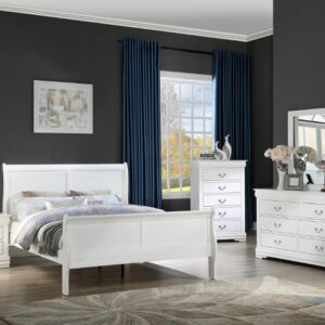 Louis Philip white 7-piece bedroom set with sleigh bed, dresser, mirror, chest, and nightstand in a classic white finish.
