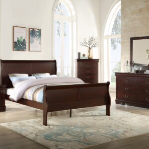 Louis Philip cherry 7-piece bedroom set with sleigh bed, dresser, mirror, chest, and nightstand in a rich cherry wood finish.
