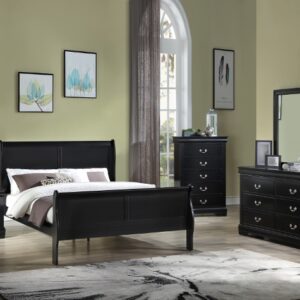 Louis Philip black 7-piece bedroom set with sleigh bed, dresser, mirror, chest, and nightstand in a black finish.