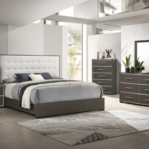 Sharpe 7-piece bedroom set with upholstered headboard bed, dresser, mirror, chest, and nightstand in a dark gray finish.