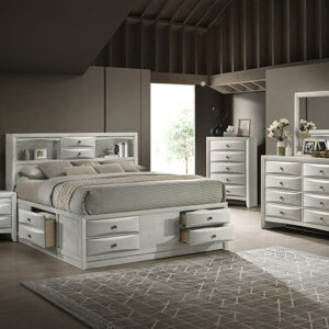Emily storage 7-piece bedroom set with storage bed, dresser, mirror, chest, and nightstand in a white finish with built-in drawers.