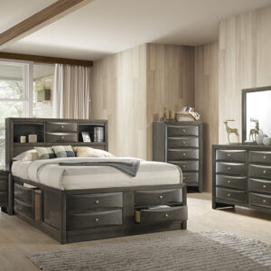Emily storage grey 7-piece bedroom set with storage bed, dresser, mirror, chest, and nightstand in a gray finish with built-in drawers.