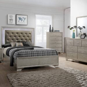 Lyssa 7-piece bedroom set with upholstered bed, dresser, mirror, chest, and nightstand in a light champagne finish with glam accents.