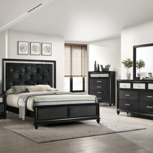 Lila black 7-piece bedroom set with tufted upholstered bed, dresser, mirror, chest, and nightstand in a black finish with glam silver accents.