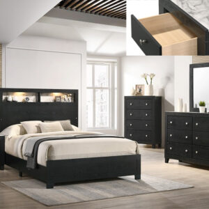 Cadence 7-piece bedroom set with storage headboard bed, dresser, mirror, chest, and nightstand in a black wood finish with modern drawer details.