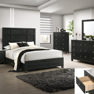 Cadence 7-piece bedroom set with panel bed, dresser, mirror, chest, and nightstand in a black wood finish with modern drawer detailing.