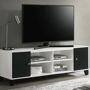 Modern black and white TV stand with open shelves and cabinet storage