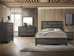 Akerson grey 7-piece bedroom set with panel bed, dresser, mirror, chest, and nightstand in a dark gray wood finish.