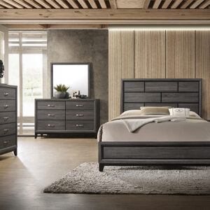 Akerson grey 7-piece bedroom set with panel bed, dresser, mirror, chest, and nightstand in a dark gray wood finish.