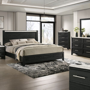 Lamar 7-piece bedroom set with panel bed, dresser, mirror, chest, and nightstand in a black wood finish with modern drawer accents.